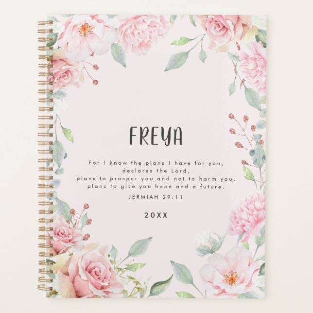 Pink Floral Frame Bible Verse Personalized Planner (Front)