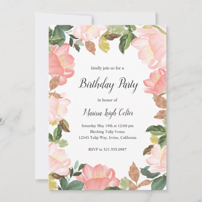 Pink Floral Frame Elegant Birthday Party Invitation (Front)