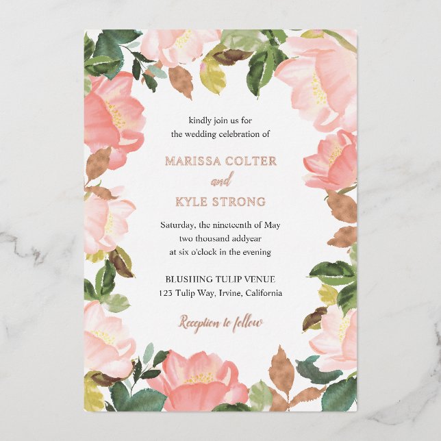 Pink Floral Frame Elegant Wedding Foil Invitation (Front)