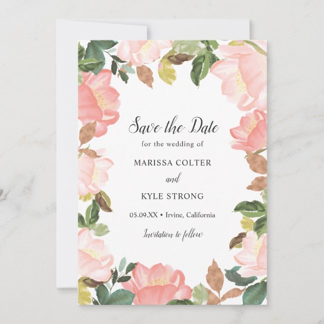 Pink Floral Frame Elegant Wedding Save The Date (Front)