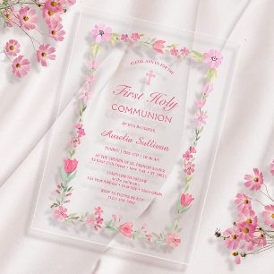 Pink Floral Frame First Communion Clear Acrylic Invitations