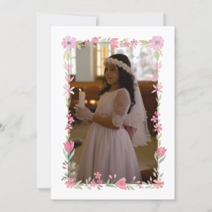 Pink Floral Frame First Communion Thank You Card