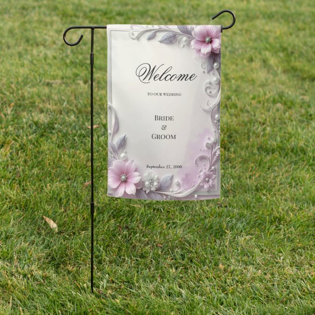 Pink Floral Frame Garden Flag (In SItu)