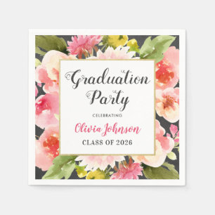 Pink Floral Frame Graduation Party Napkins