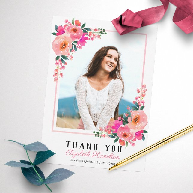 Pink Floral Frame Graduation Photo Thank You Card (Creator Uploaded)