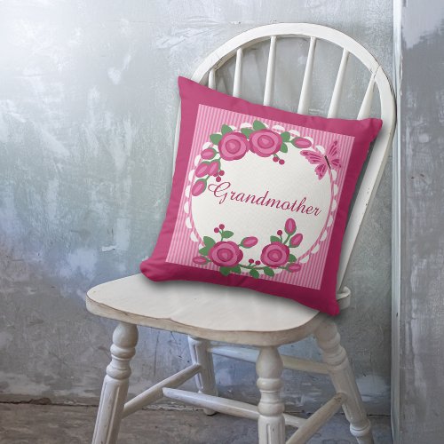 Pink Floral Frame Grandmother Throw Pillow