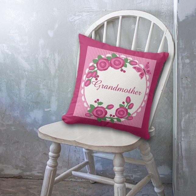 Pink Floral Frame Grandmother Throw Pillow (Creator Uploaded)