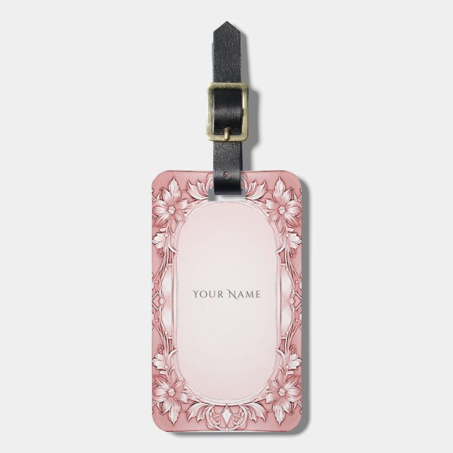 Pink Floral Frame Luggage Tag (Front Vertical)