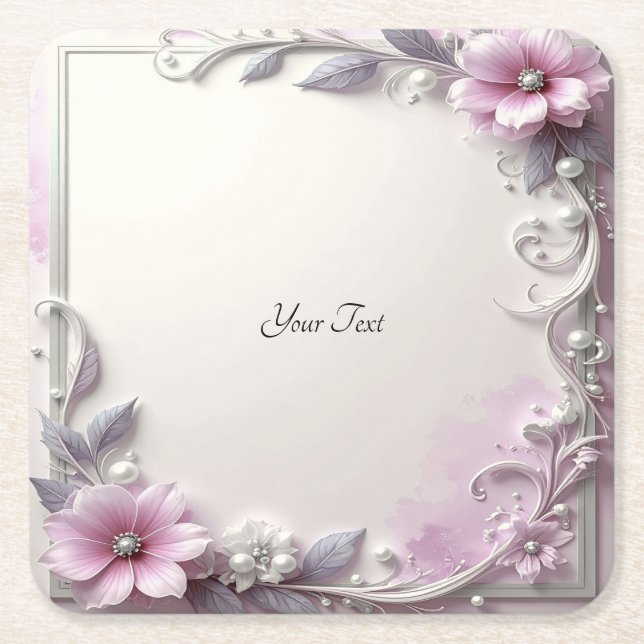 Pink Floral Frame Paper Coaster (Front)
