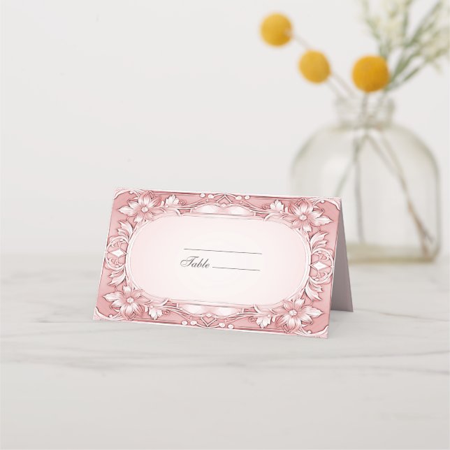 Pink Floral Frame Place Card (Front)