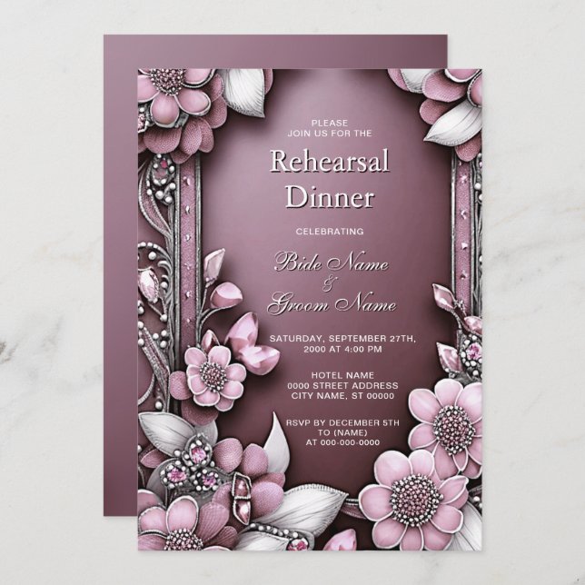 Pink Floral Frame Rehearsal Dinner Invitation (Front/Back)