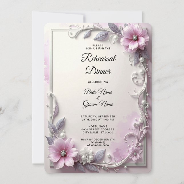 Pink Floral Frame Rehearsal Dinner Invitation (Front)