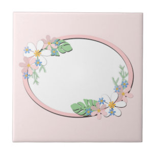 Pink floral frame round kids spring cute customiza ceramic tile