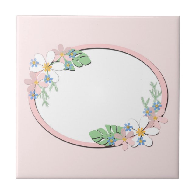 Pink floral frame round kids spring cute customiza ceramic tile (Front)