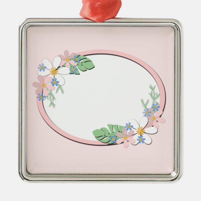 Pink floral frame round kids spring cute customiza metal ornament (Front)