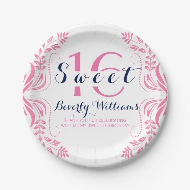 Pink Floral Frame Sweet 16 Template Paper Plates (Front)