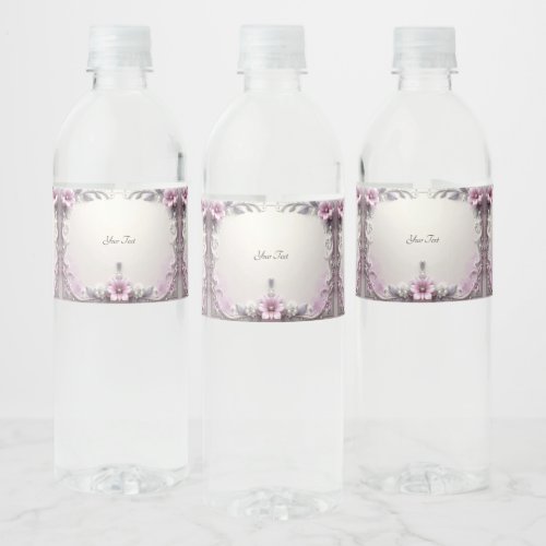 Pink Floral Frame Water Bottle Label
