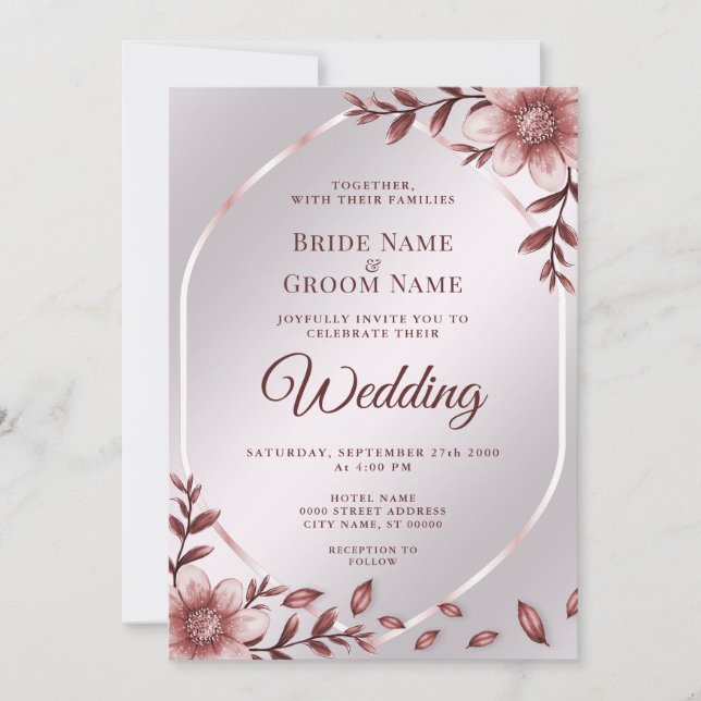 Pink Floral Frame Wedding Invitation (Front)