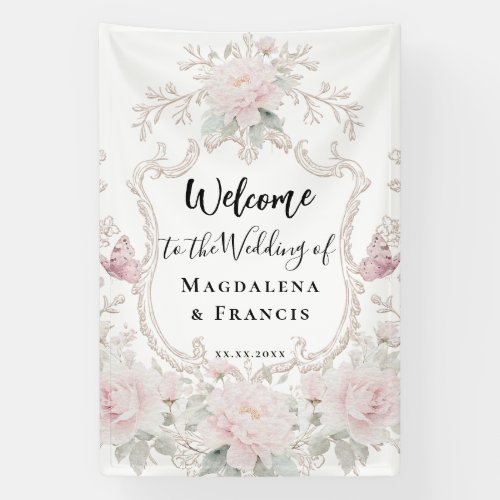 pink floral frame wedding welcome banner