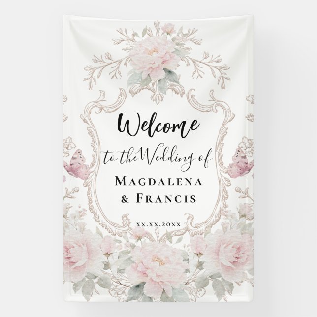 pink floral frame wedding welcome banner (Vertical)