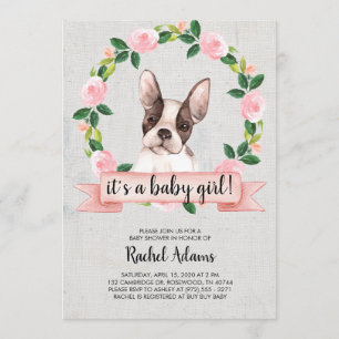 Pink Floral French Bull Dog Baby Shower Invitation