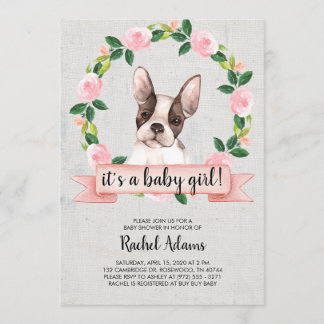Pink Floral French Bull Dog Baby Shower Invitation