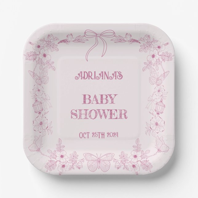 Pink Floral French Toile Girl Baby Shower  Paper Plates (Front)