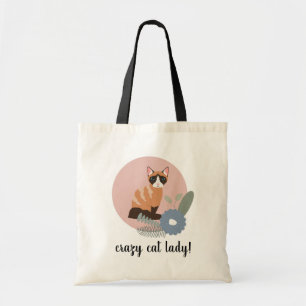 Pink Floral Fun Cute Crazy Cat Lady Tote Bag