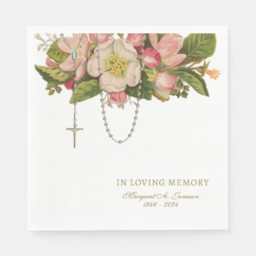 Pink Floral Funeral Catholic Rosary Memorial  Napkins