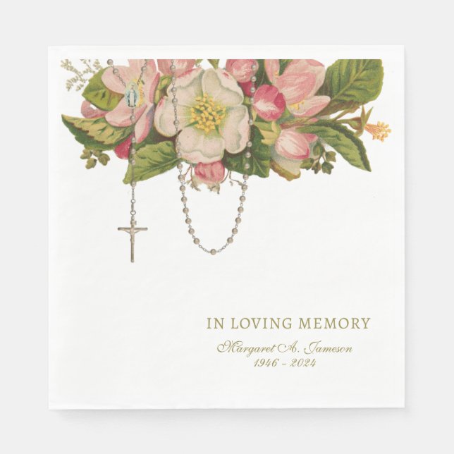 Pink Floral Funeral Catholic Rosary Memorial  Napkins (Front)