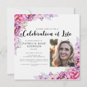 Pink Floral Funeral Celebration of Life Photo Invitation