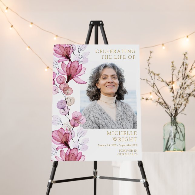 Pink Floral Funeral Celebration Of Life Photo Sign (In Situ (Stand))