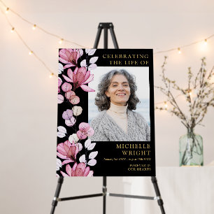 Pink Floral Funeral Celebration Of Life Photo Sign
