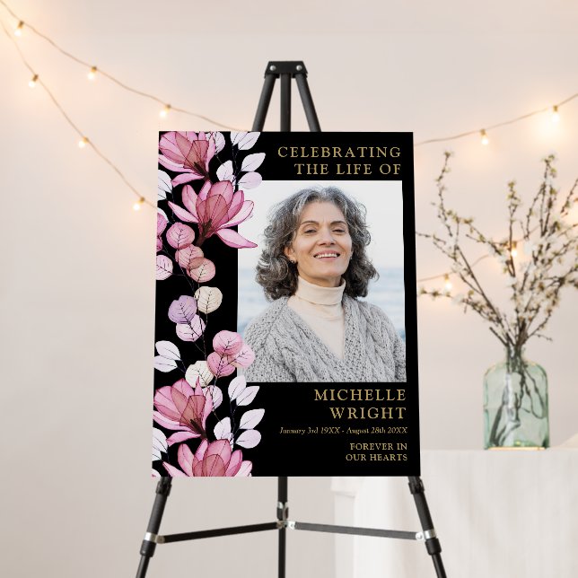 Pink Floral Funeral Celebration Of Life Photo Sign (In Situ (Stand))