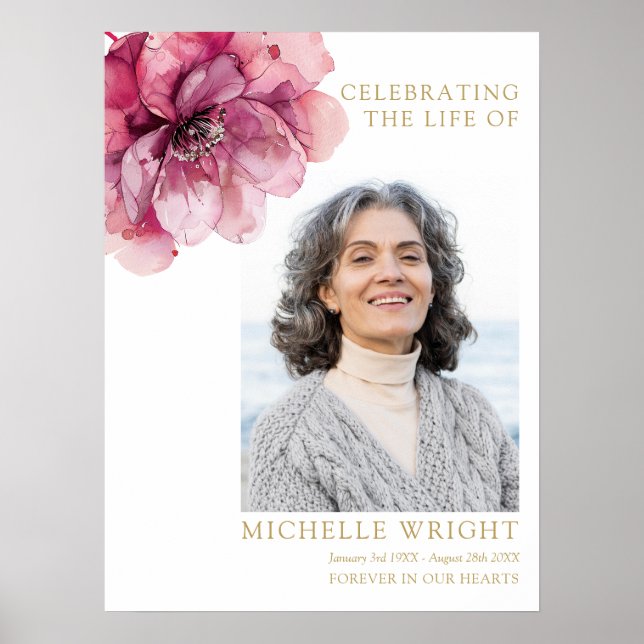 Pink Floral Funeral Celebration Of Life Photo Sign (Front)