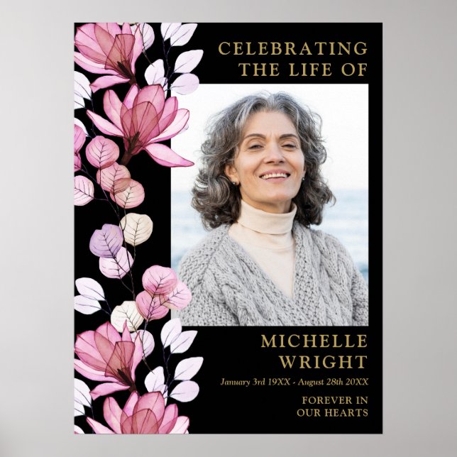 Pink Floral Funeral Celebration Of Life Photo Sign (Front)