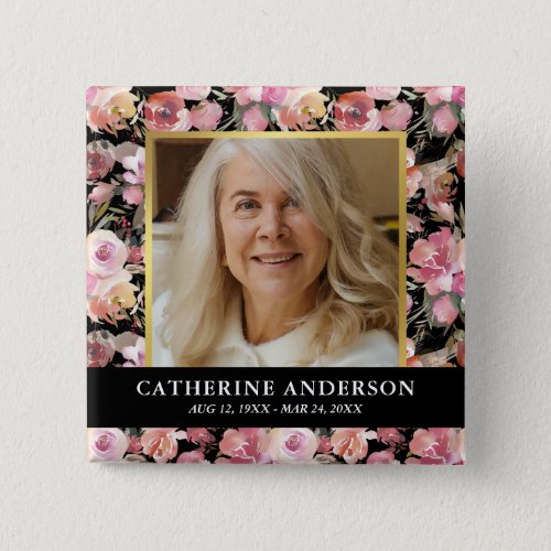Pink Floral Funeral Memorial Photo Button
