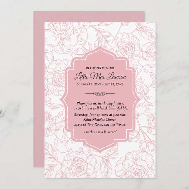 Pink Floral Funeral Memorial Remembrance Invites (Front/Back)
