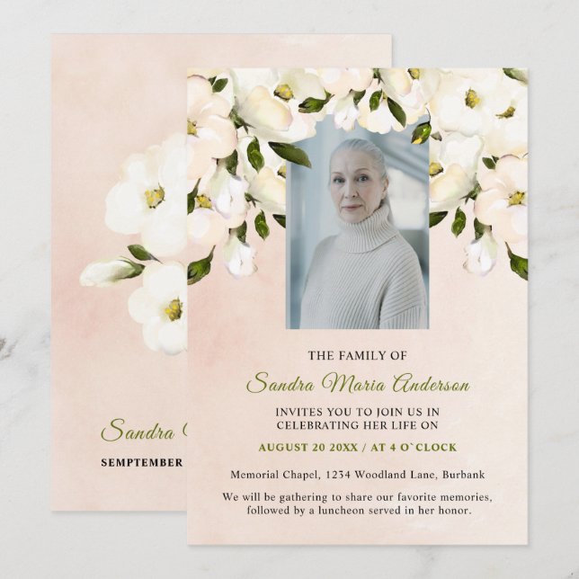 Pink Floral Funeral Photo Celebration life Invite (Front/Back)