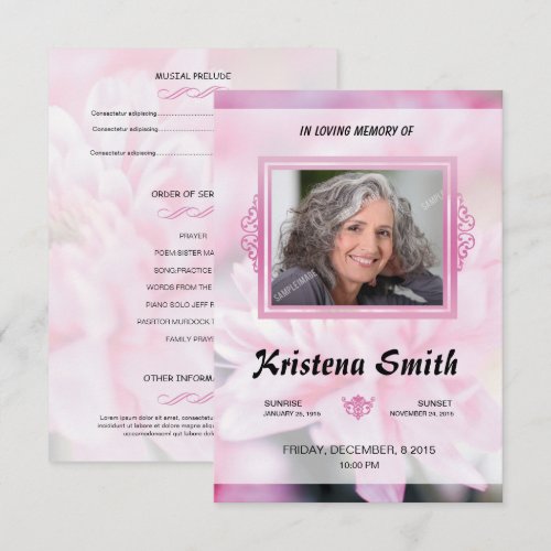 Pink Floral Funeral Program Card Template