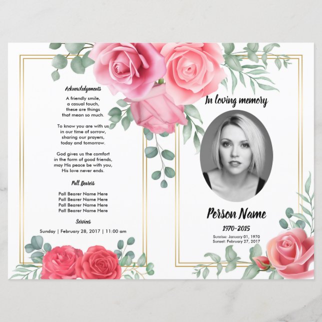 pink Floral Funeral Program Template (Front)