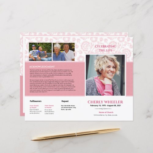 Pink Floral Funeral Program Template