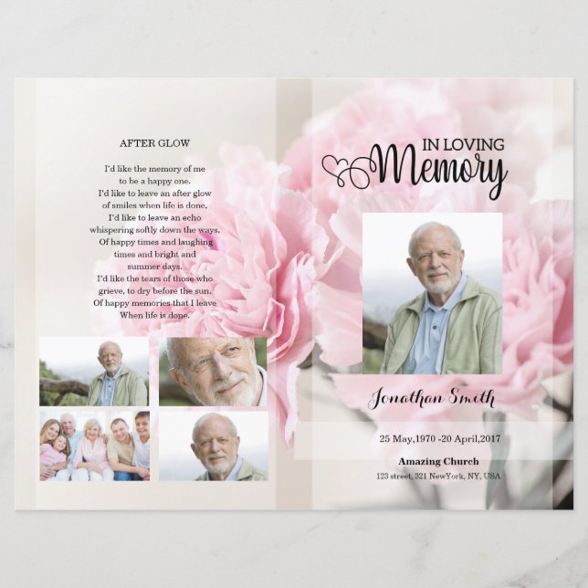 pink Floral Funeral Program template (Front)