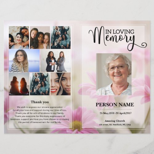 Pink Floral Funeral Program template