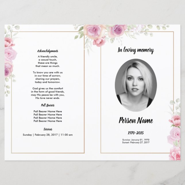pink Floral Funeral Program Template (Front)