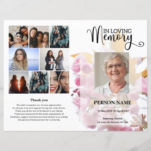 Pink Floral Funeral Program template