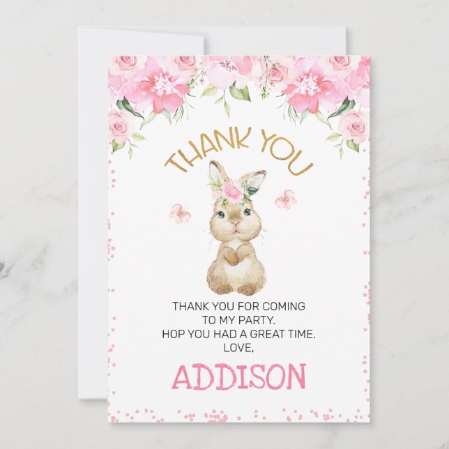 Pink Floral Furry Bunny Birthday Thank You Card (Front)