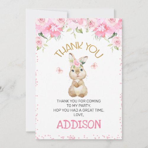 Pink Floral Furry Bunny Birthday Thank You Card