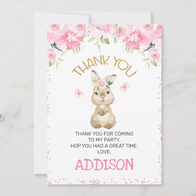 Pink Floral Furry Bunny Birthday Thank You Card