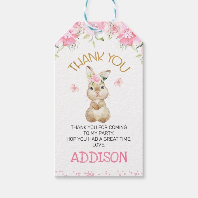 Pink Floral Furry Bunny Birthday Thank You Gift Tags